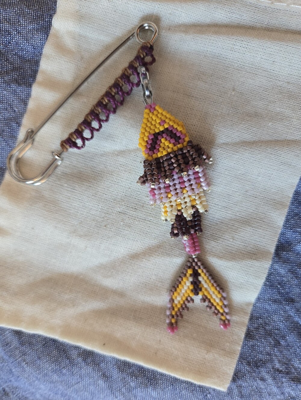 New Handmade Miyuki Bead-Woven Fish on a Safety Pin with Micro-Macramé